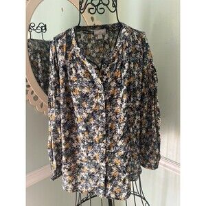 J. Jill Blouse M P Multi Color Floral Button Front Round Neck Long Sleeve Top